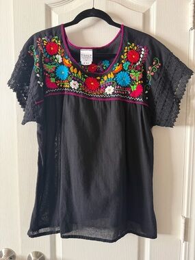 Boho Mexican Embroidered Black Floral Blouse